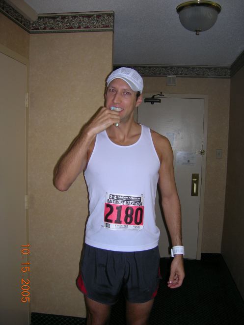 Pre-Baltimore Marathon tooth brushing