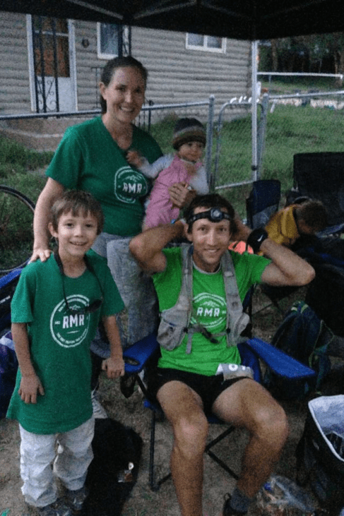 Twin Lakes aid station, roughly 60 miles in.  As happy as I was to see my family, the smile is at least in part due to the 45 seconds in the seated position.  
